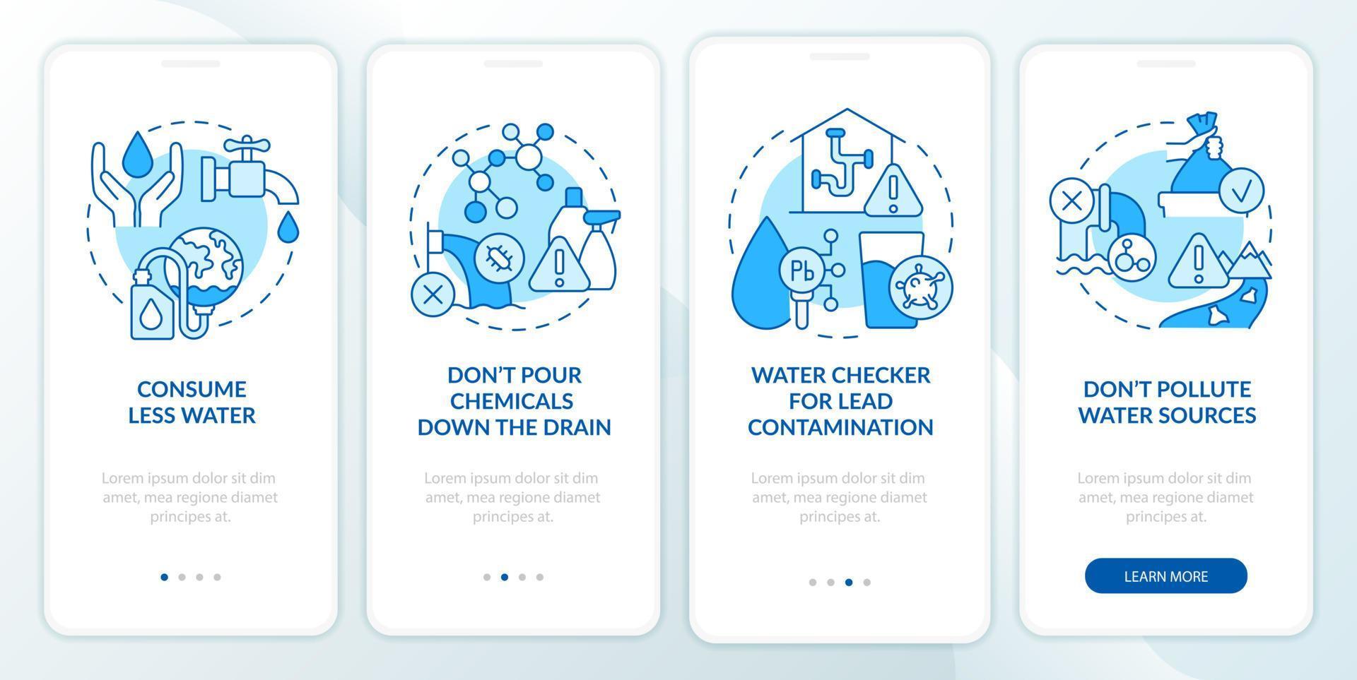 Water pollution solutions onboarding mobile app screen. Prevention steps walkthrough 4 steps graphic instructions pages with linear concepts. UI, UX, GUI template. vector