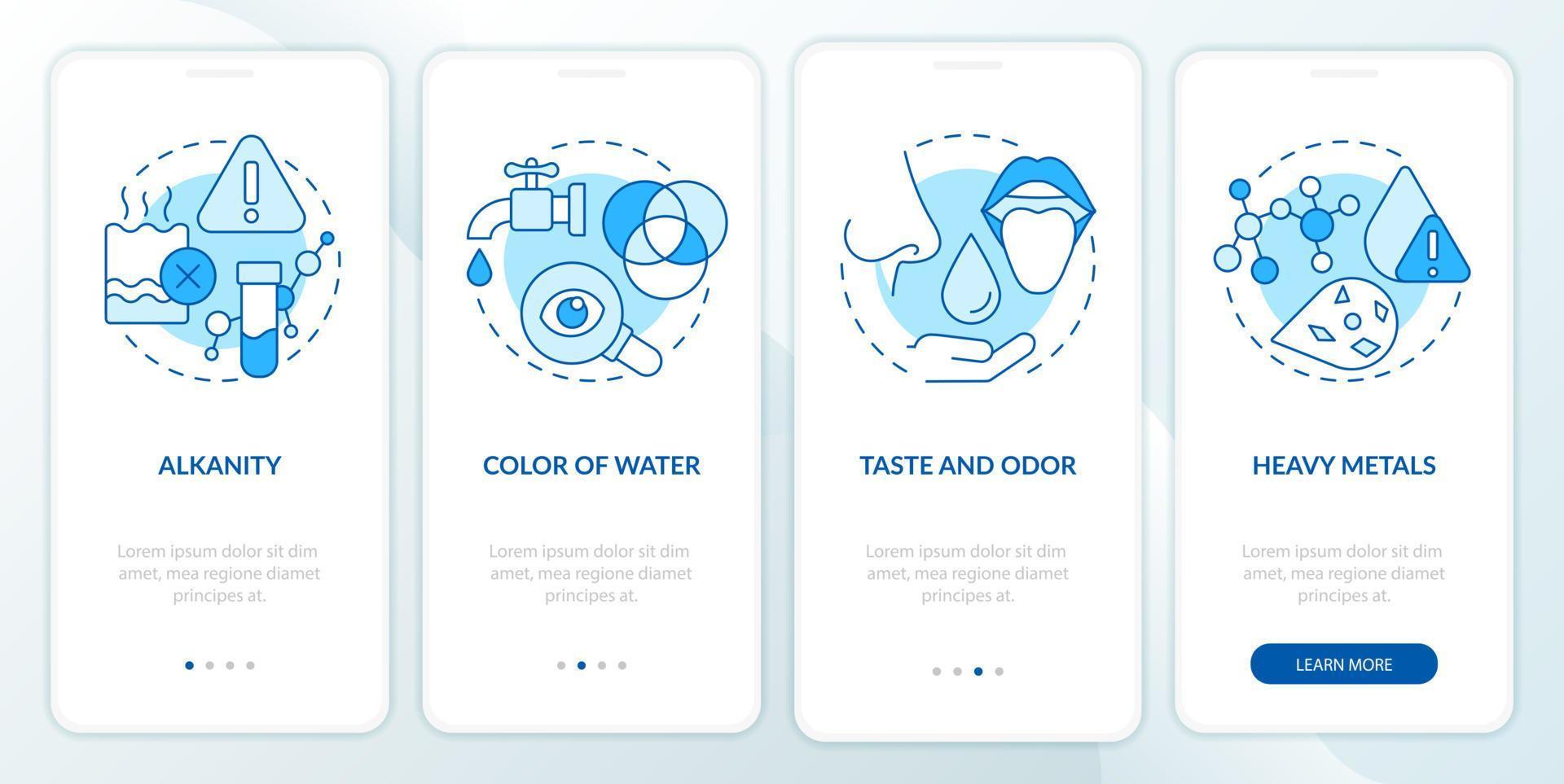 Water quality testing blue onboarding mobile app screen. Heavy metals walkthrough 4 steps graphic instructions pages with linear concepts. UI, UX, GUI template. vector