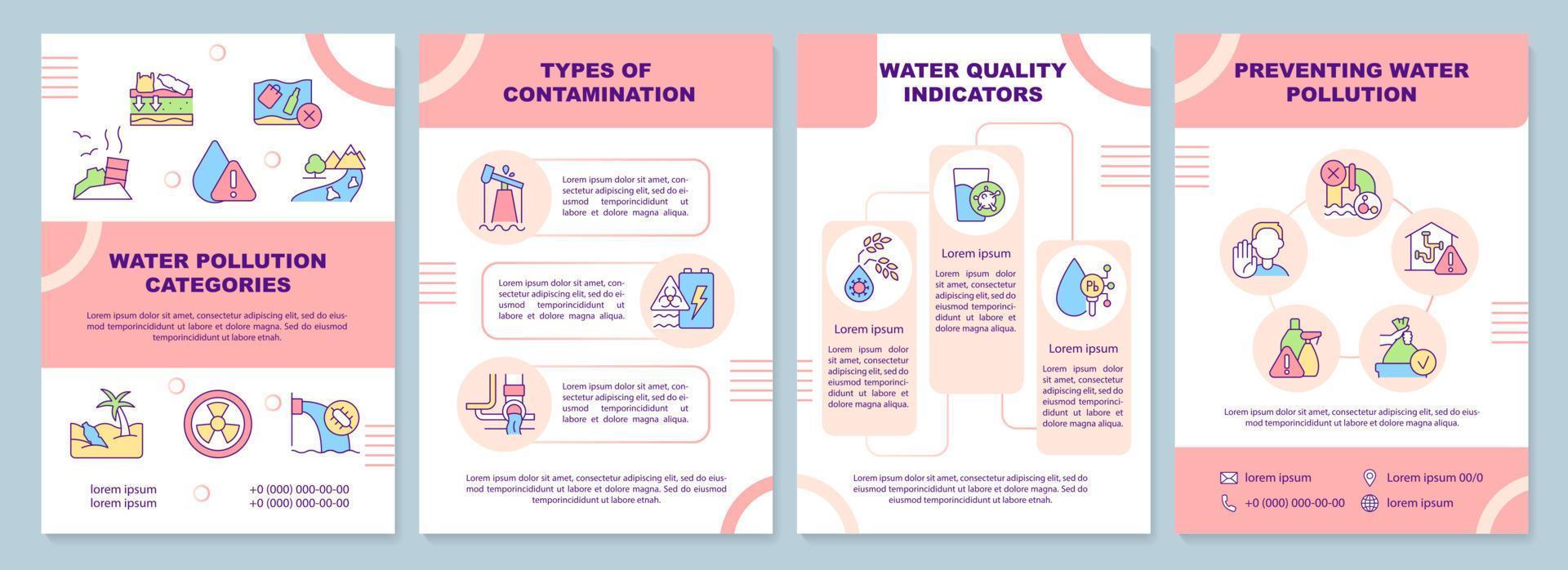 plantilla de folleto rosa de categorías de contaminación del agua. tipos de contaminacion. diseño de folletos con iconos lineales. 4 diseños vectoriales para presentación, informes anuales. vector