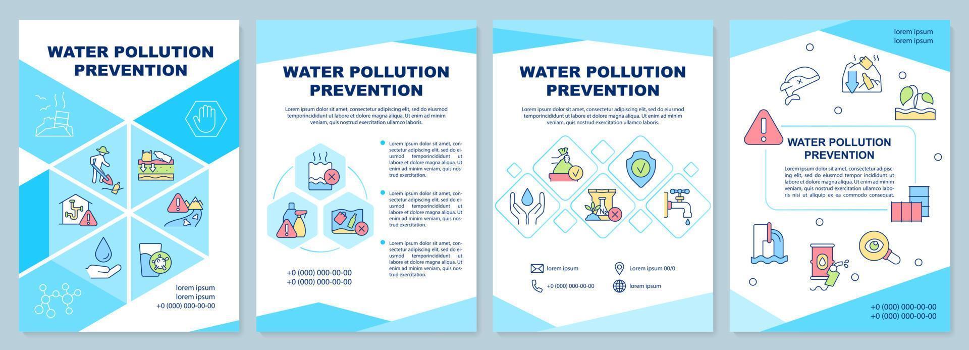 plantilla de folleto azul de prevención de la contaminación del agua. control de calidad. diseño de folletos con iconos lineales. 4 diseños vectoriales para presentación, informes anuales. vector