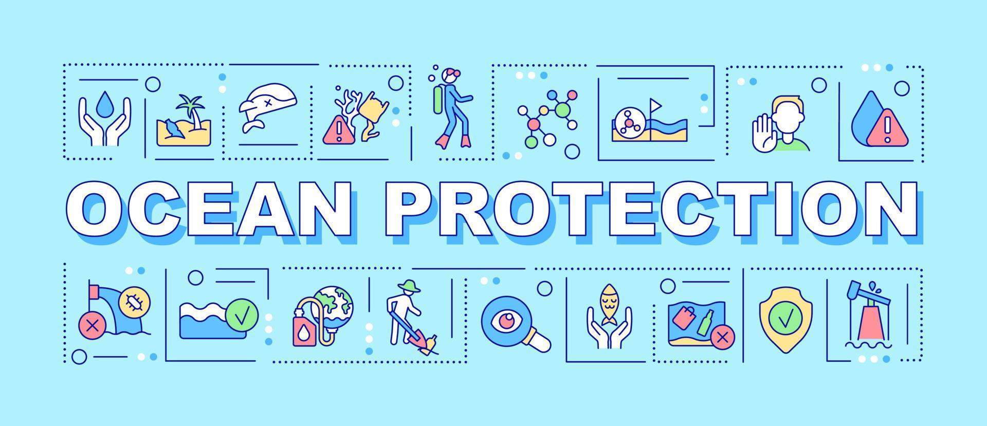 Ocean protection word concepts turquoise banner. Protecting biodiversity. Infographics with icons on color background. Isolated typography. Vector illustration with text.