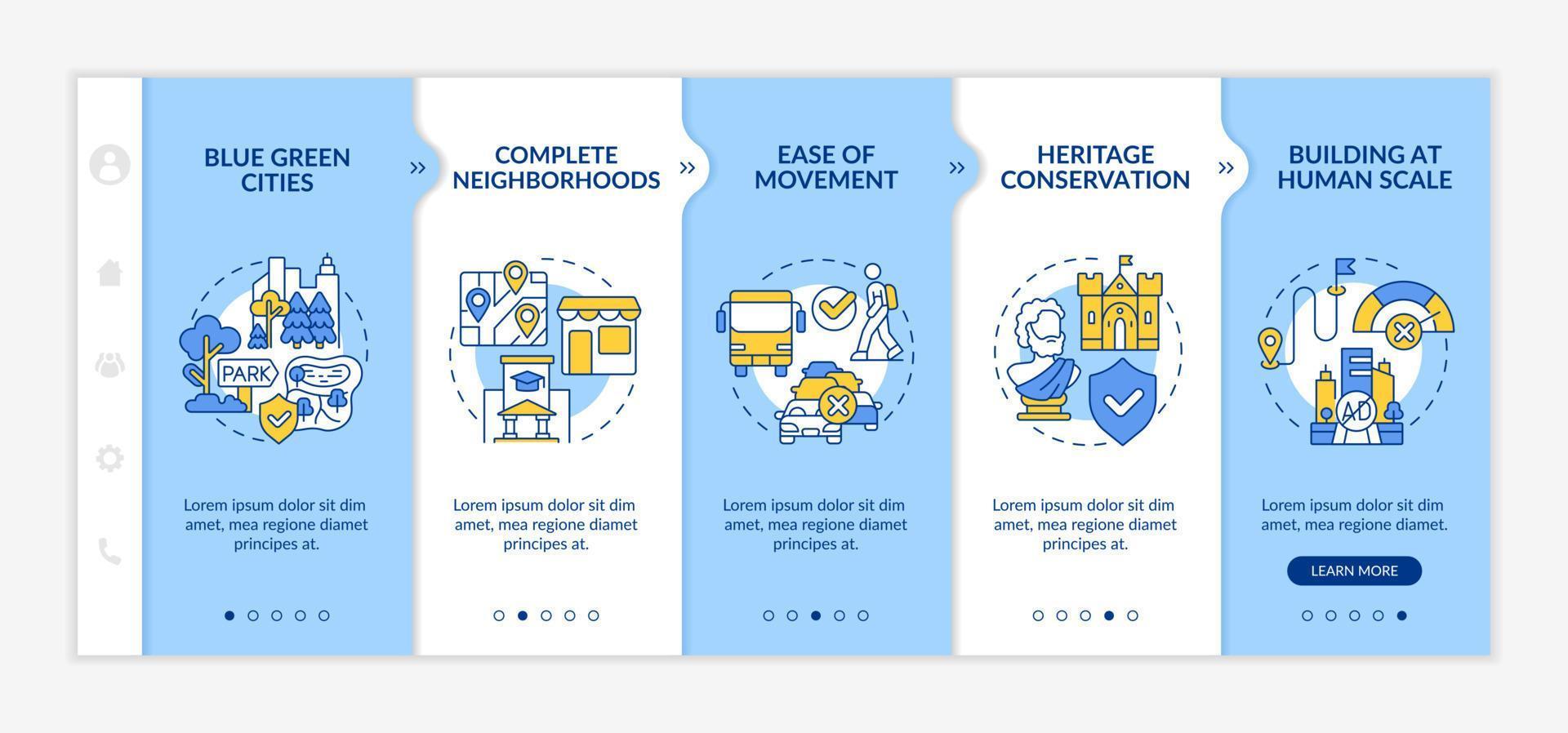Urban design principles blue and white onboarding template. City planning. Responsive mobile website with linear concept icons. Web page walkthrough 5 step screens. vector