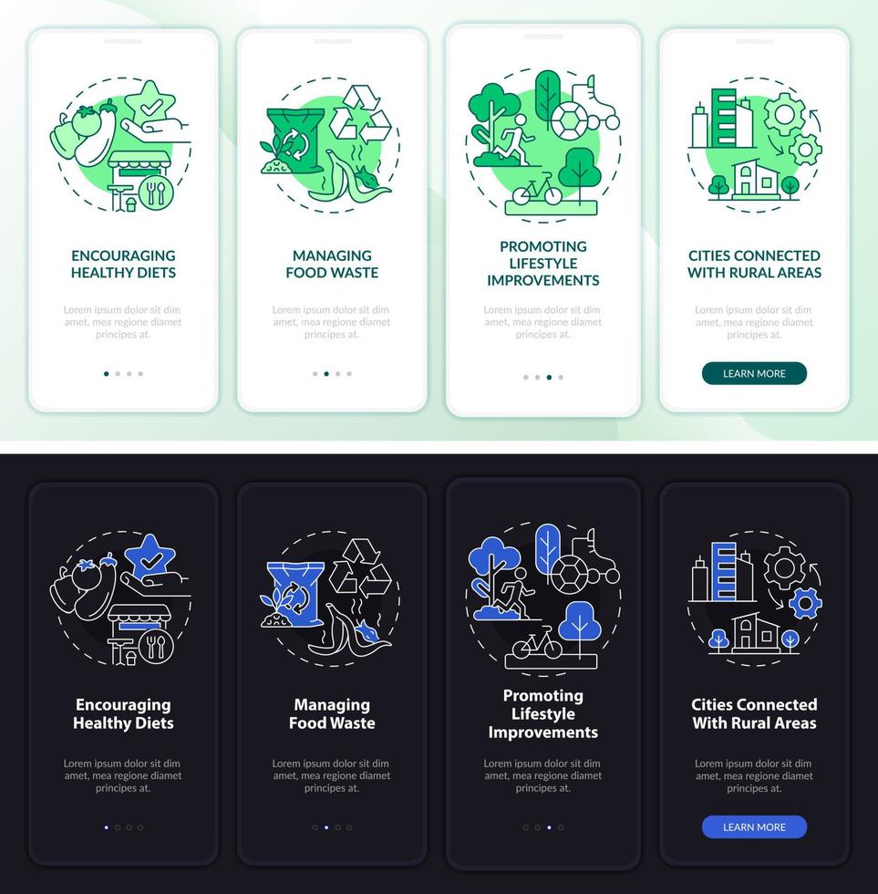 ideas de confort urbano modo día y noche incorporando la pantalla de la aplicación móvil. tutorial 4 pasos páginas de instrucciones gráficas con conceptos lineales. interfaz de usuario, ux, plantilla de interfaz gráfica de usuario. vector