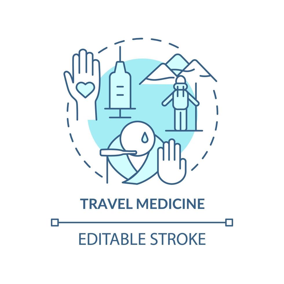 Travel medicine turquoise concept icon. Healthcare for tourists. Medical center abstract idea thin line illustration. Isolated outline drawing. Editable stroke. vector