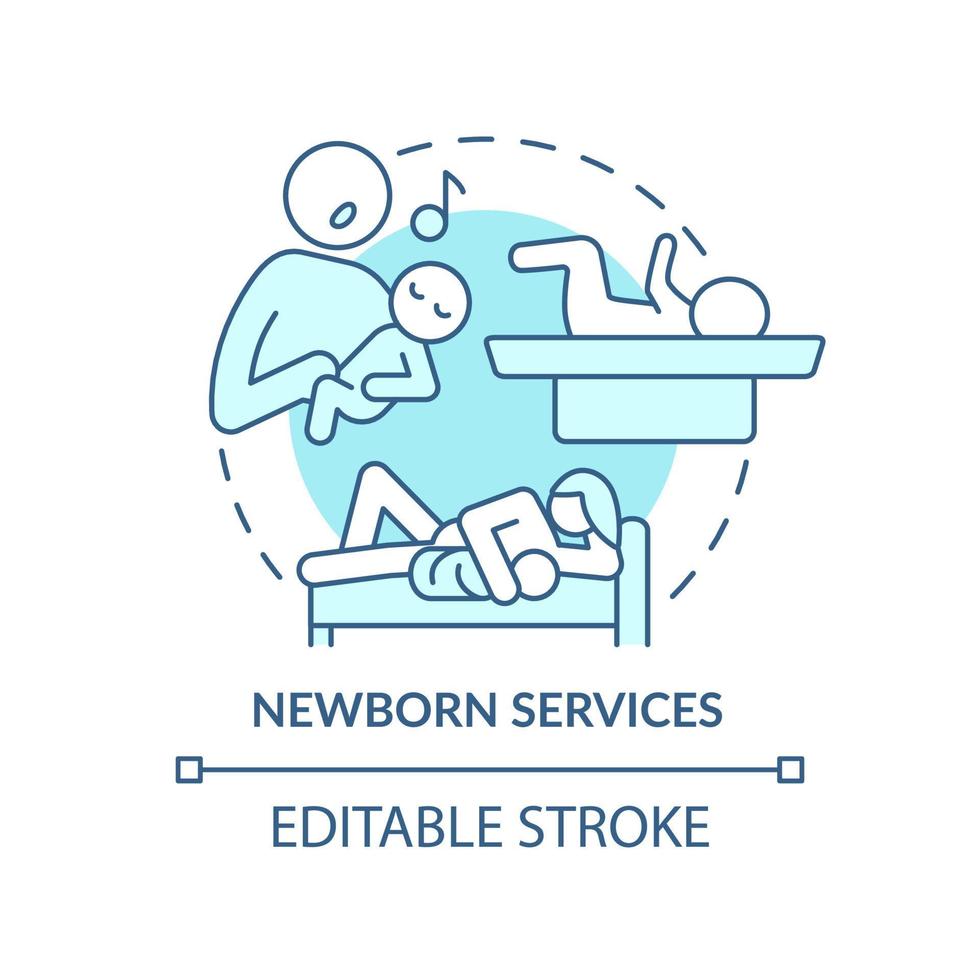 Newborn services turquoise concept icon. Baby care assistance. Medical center abstract idea thin line illustration. Isolated outline drawing. Editable stroke. vector