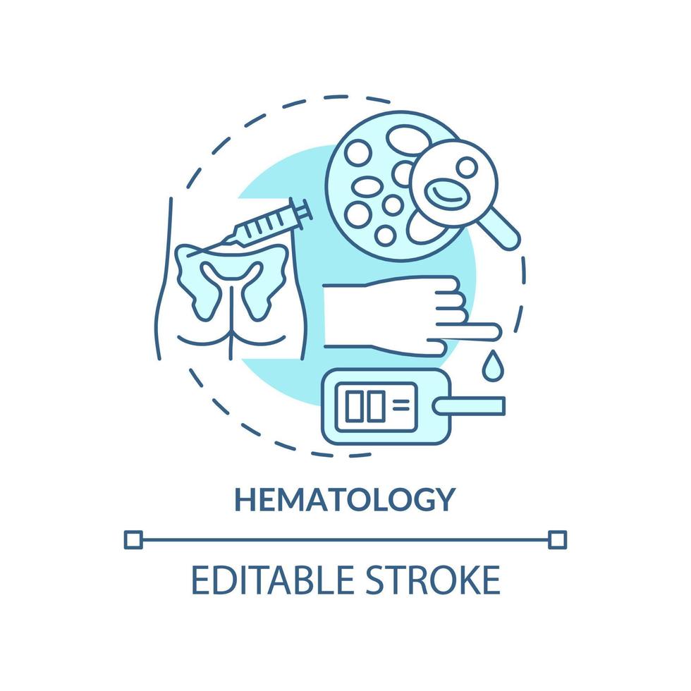 Hematology turquoise concept icon. Blood study and analyzing. Medical center service abstract idea thin line illustration. Isolated outline drawing. Editable stroke. vector