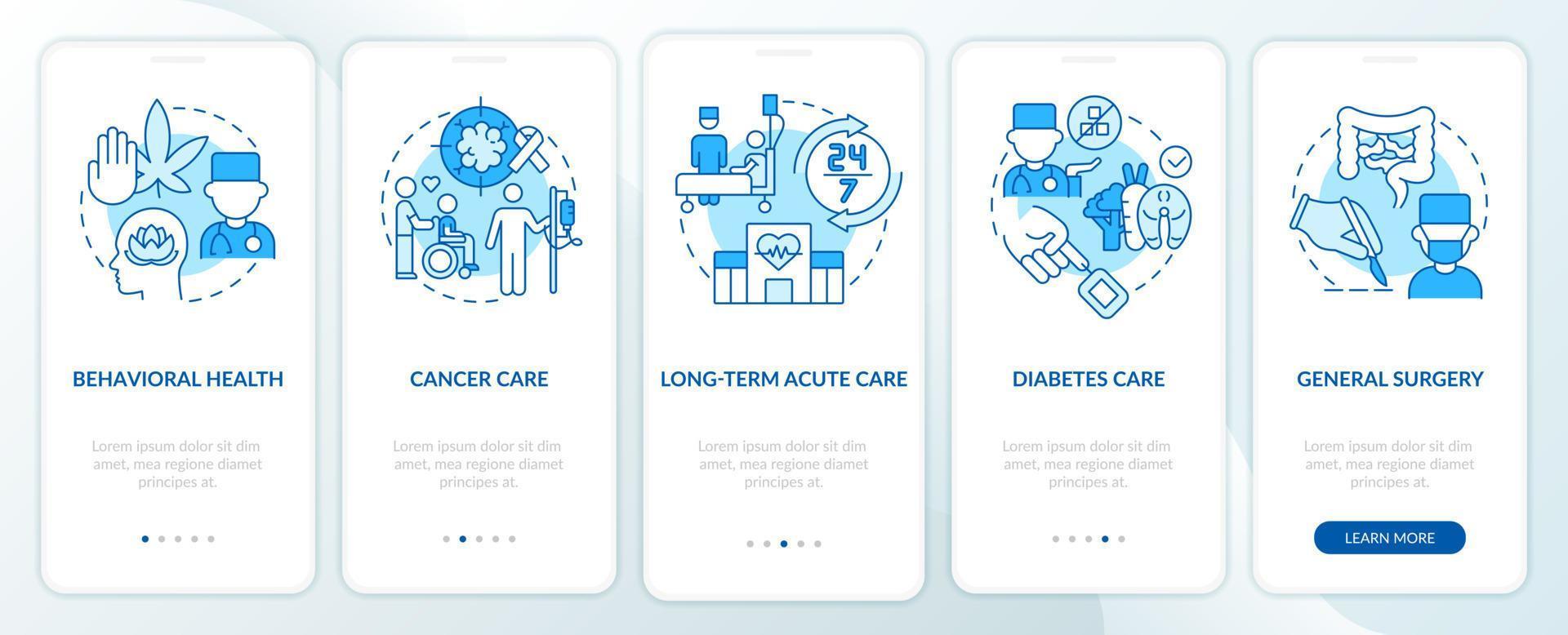 Types of medical services blue onboarding mobile app screen. Patient care walkthrough 5 steps graphic instructions pages with linear concepts. UI, UX, GUI template. vector