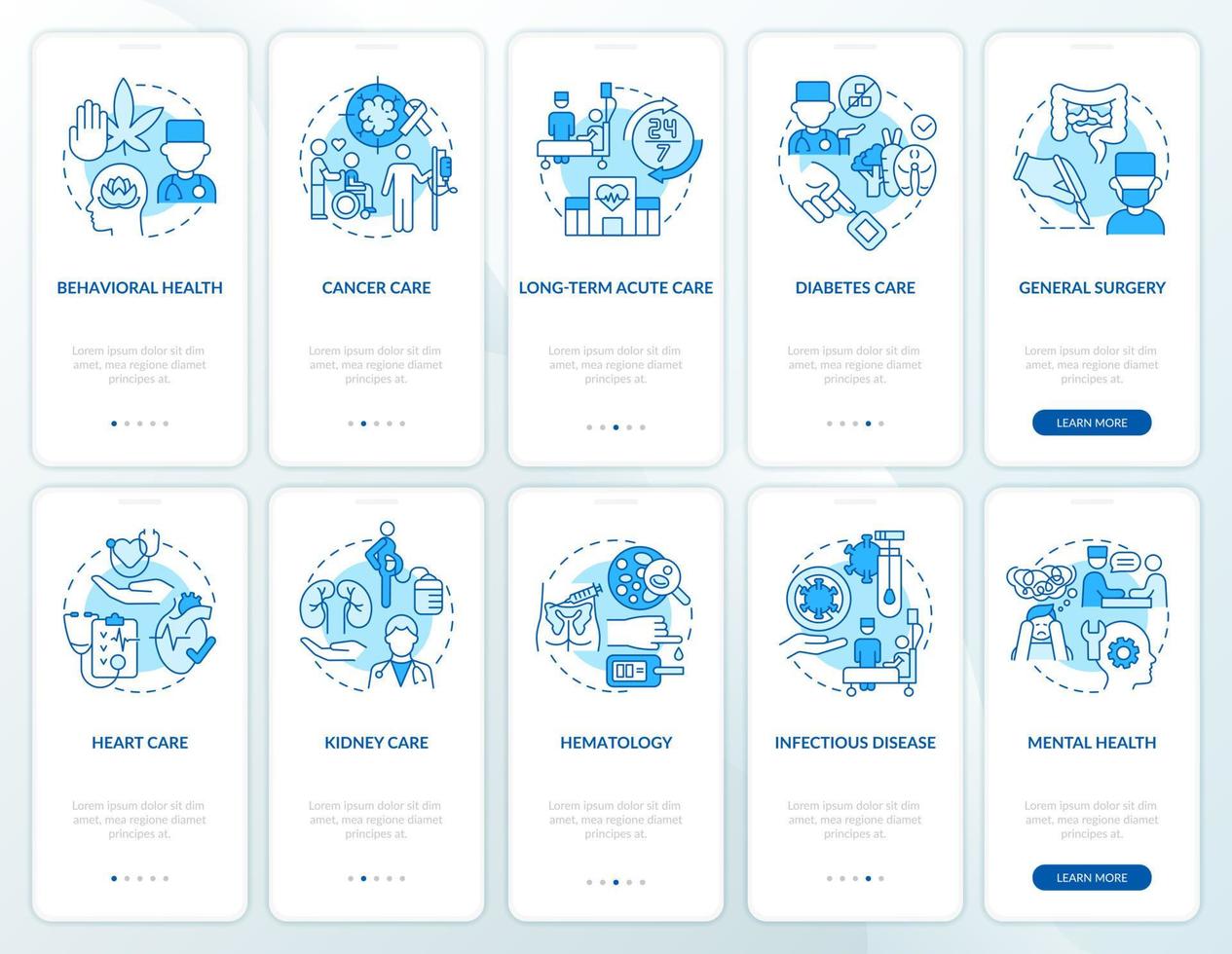 conjunto de pantalla de aplicación móvil de incorporación de servicios de centro médico azul. tutorial de atención médica páginas de instrucciones gráficas de 5 pasos con conceptos lineales. interfaz de usuario, ux, plantilla de interfaz gráfica de usuario. vector