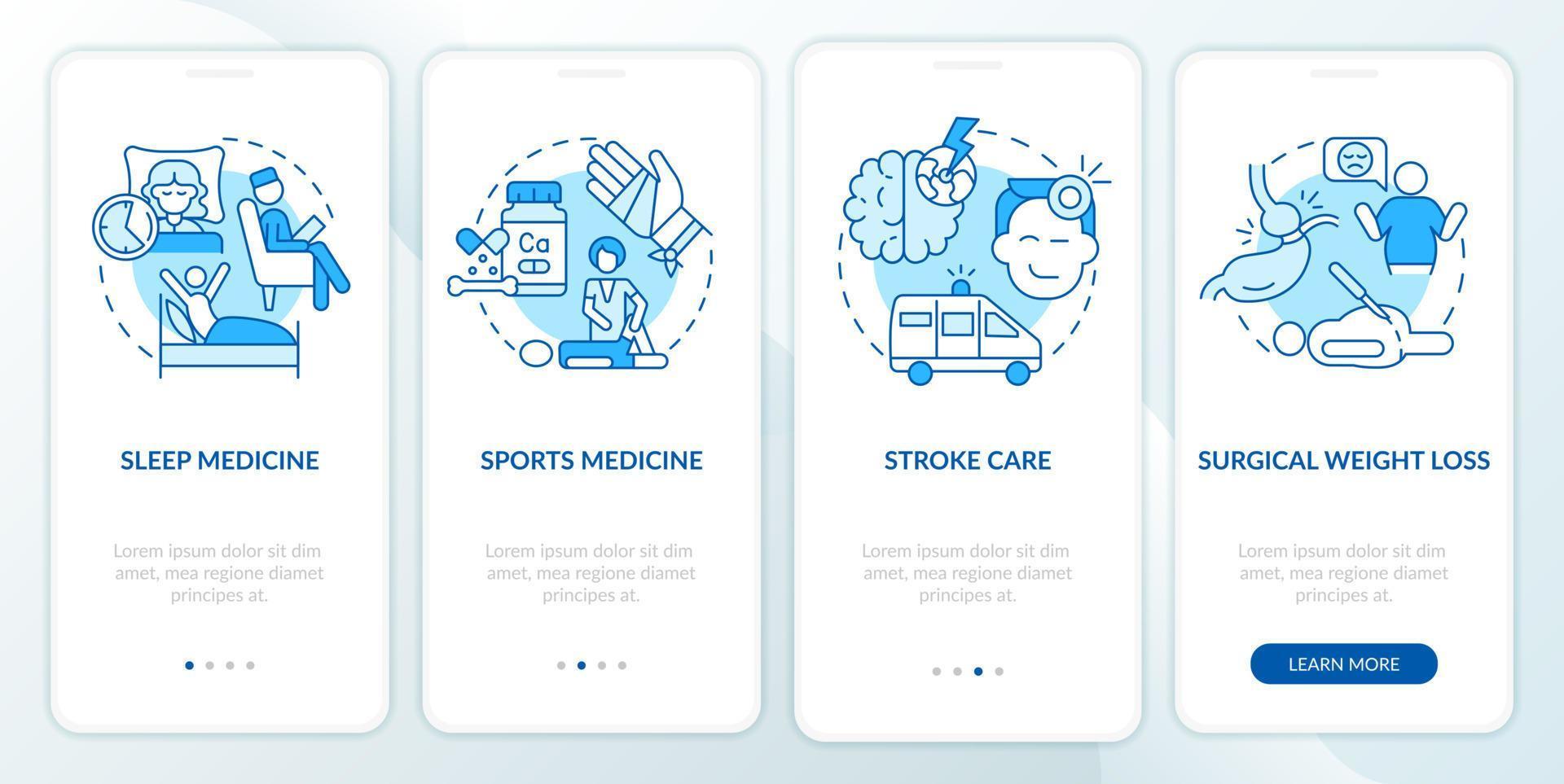 Services for patients blue onboarding mobile app screen. Medical care walkthrough 4 steps graphic instructions pages with linear concepts. UI, UX, GUI template. vector