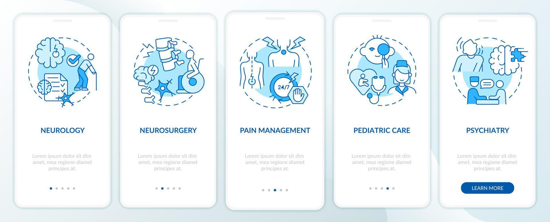 Medical clinic services blue onboarding mobile app screen. Hospital walkthrough 5 steps graphic instructions pages with linear concepts. UI, UX, GUI template. vector