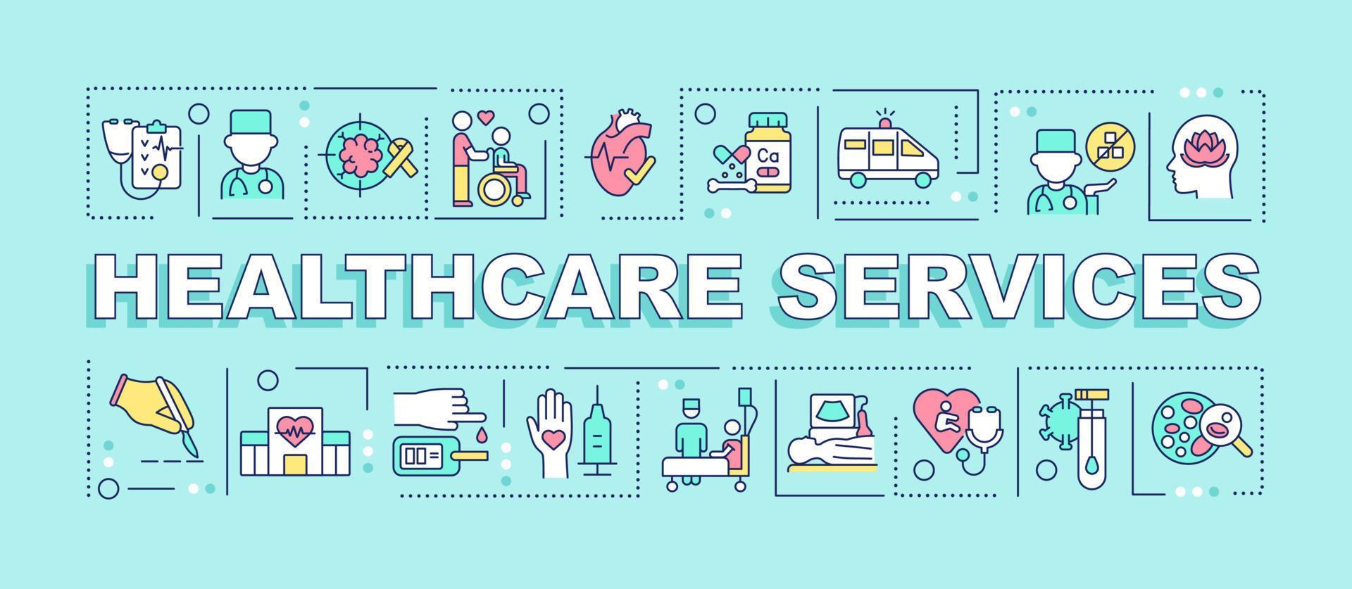 Healthcare services word concepts turquoise banner. Medicine and care. Infographics with icons on color background. Isolated typography. Vector illustration with text.