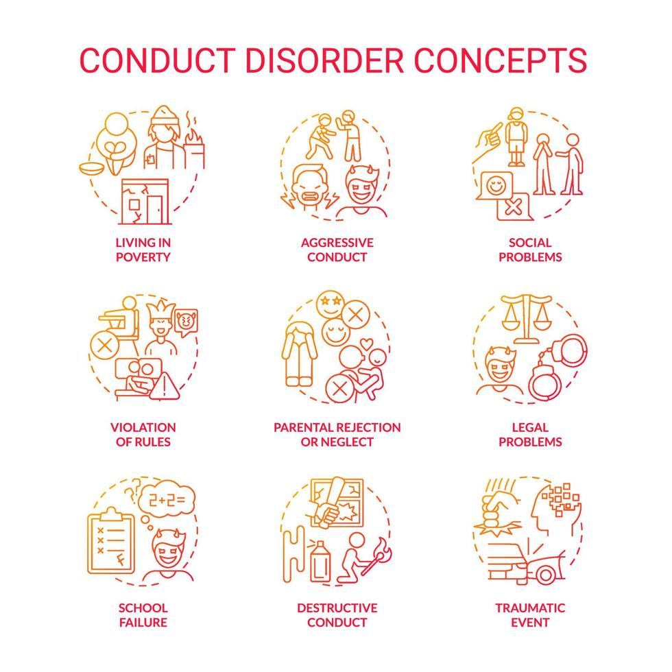 Conduct disorder red gradient concept icons set. Mental health issue. Diagnose and treatment idea thin line color illustrations. Isolated symbols. vector