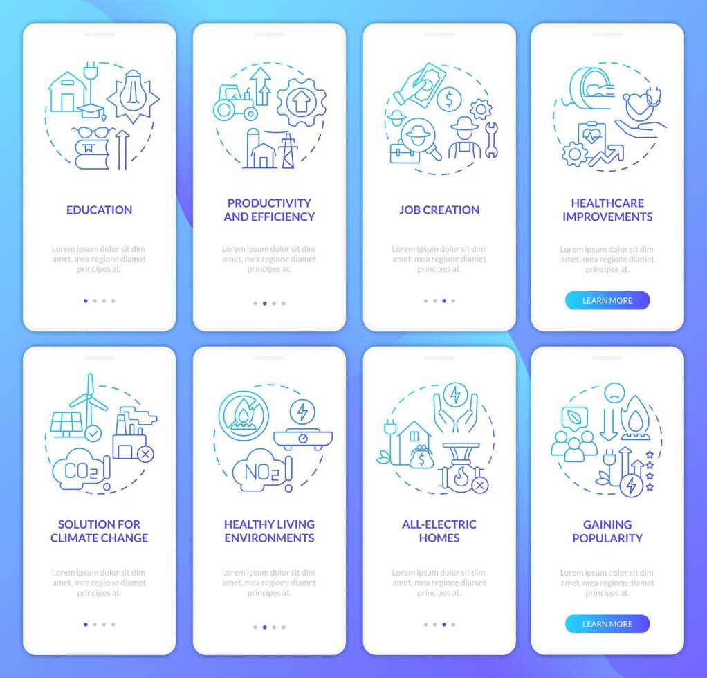 Rural electrification blue gradient onboarding mobile app screen set. Walkthrough 4 steps graphic instructions pages with linear concepts. UI, UX, GUI template. vector