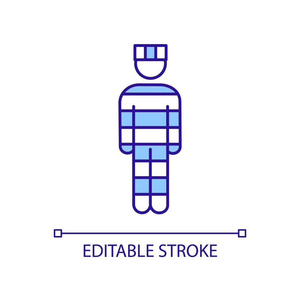 Incarcerated person in prison uniform RGB color icon. Crime and arrest. Imprisoned man. Criminal justice. Isolated vector illustration. Simple filled line drawing. Editable stroke.