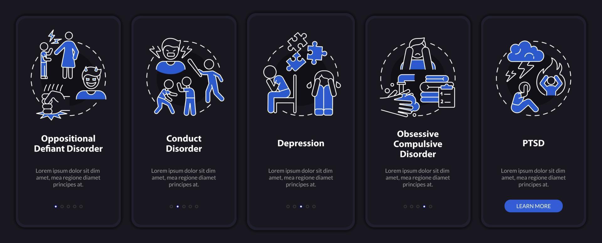 Mental illnesses in children night mode onboarding mobile app screen. Walkthrough 5 steps graphic instructions pages with linear concepts. UI, UX, GUI template. vector