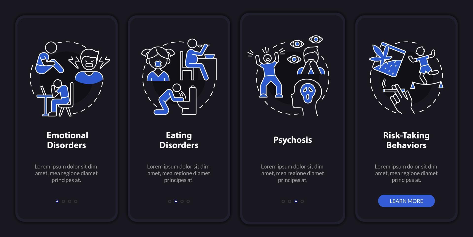 Common teen disorders night mode onboarding mobile app screen. Walkthrough 4 steps graphic instructions pages with linear concepts. UI, UX, GUI template. vector