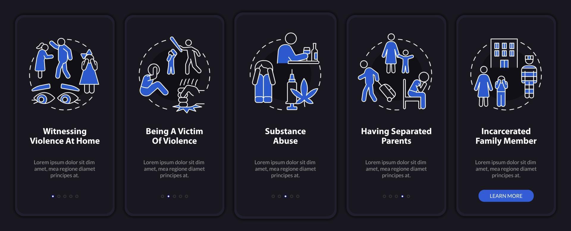 Adverse childhood experience night mode onboarding mobile app screen. Walkthrough 5 steps graphic instructions pages with linear concepts. UI, UX, GUI template. vector