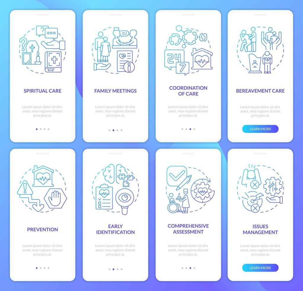 Hospice palliative care blue gradient onboarding mobile app screen set. Walkthrough 4 steps graphic instructions pages with linear concepts. UI, UX, GUI template. vector