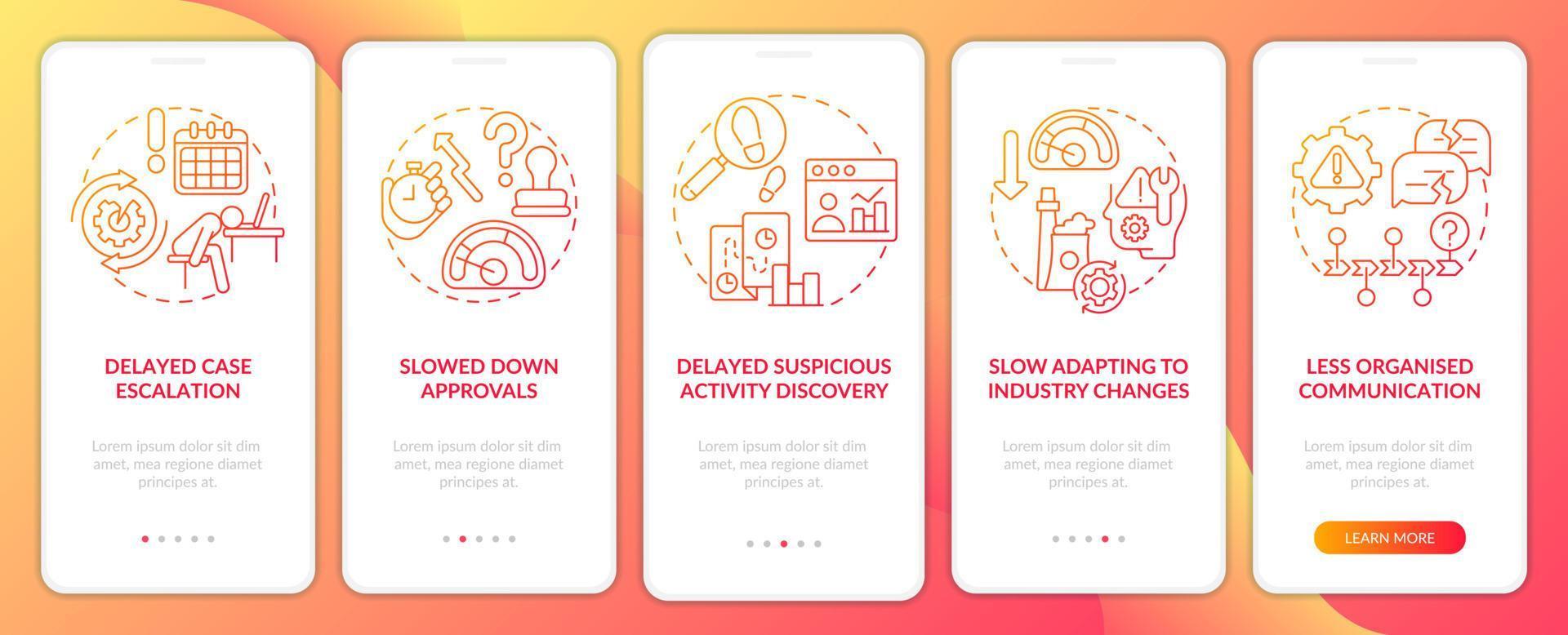 bpa desafía la pantalla de la aplicación móvil de incorporación de degradado rojo. tutorial 5 pasos páginas de instrucciones gráficas con conceptos lineales. interfaz de usuario, ux, plantilla de interfaz gráfica de usuario. vector
