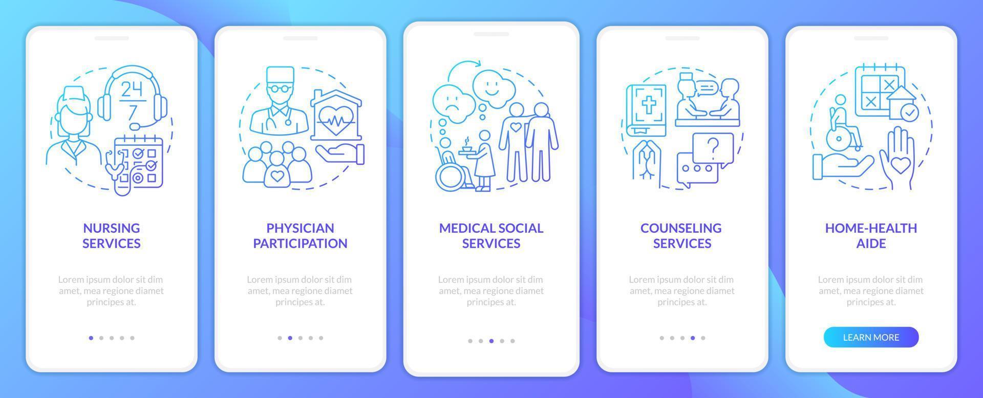 los servicios de hospicio proporcionaron la pantalla de la aplicación móvil de incorporación de degradado azul. tutorial 5 pasos páginas de instrucciones gráficas con conceptos lineales. interfaz de usuario, ux, plantilla de interfaz gráfica de usuario. vector