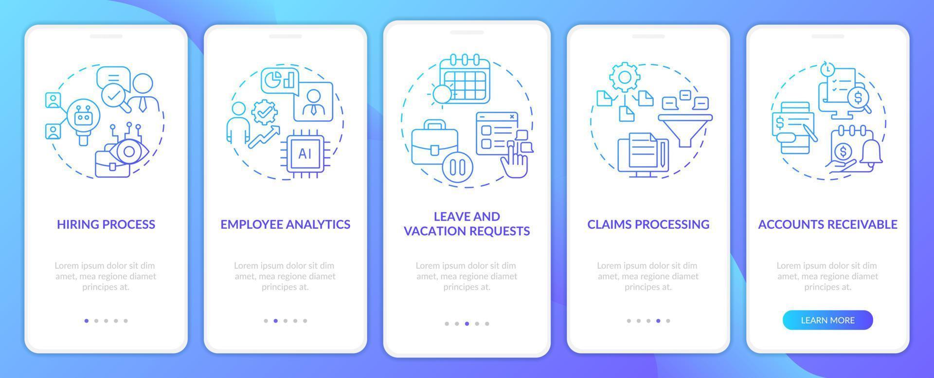 automatización en la pantalla de la aplicación móvil de incorporación de degradado azul comercial. tutorial 5 pasos páginas de instrucciones gráficas con conceptos lineales. interfaz de usuario, ux, plantilla de interfaz gráfica de usuario. vector