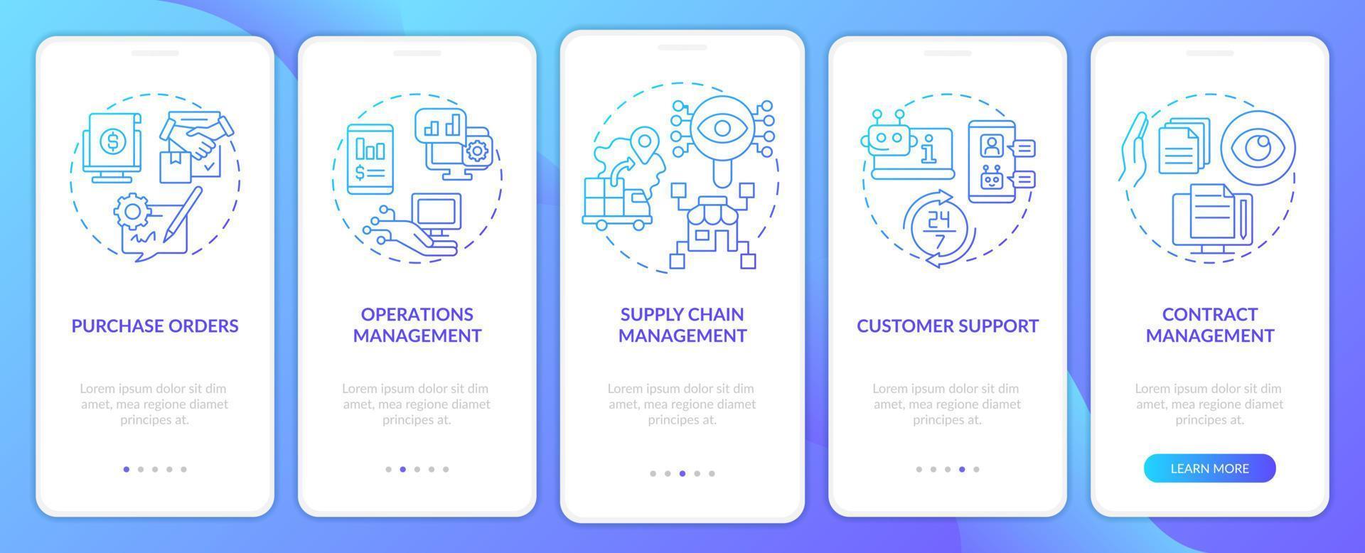 pantalla de aplicación móvil de incorporación de degradado azul de automatización de negocios. tutorial 5 pasos páginas de instrucciones gráficas con conceptos lineales. interfaz de usuario, ux, plantilla de interfaz gráfica de usuario. vector