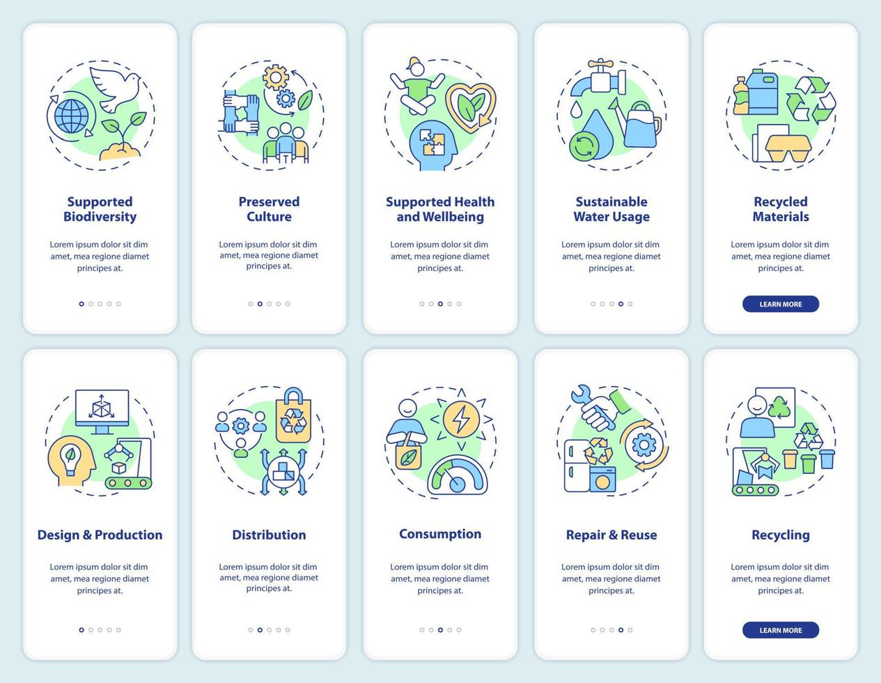 Circular economy strategies onboarding mobile app screen set. Recycling walkthrough 5 steps graphic instructions pages with linear concepts. UI, UX, GUI template. vector