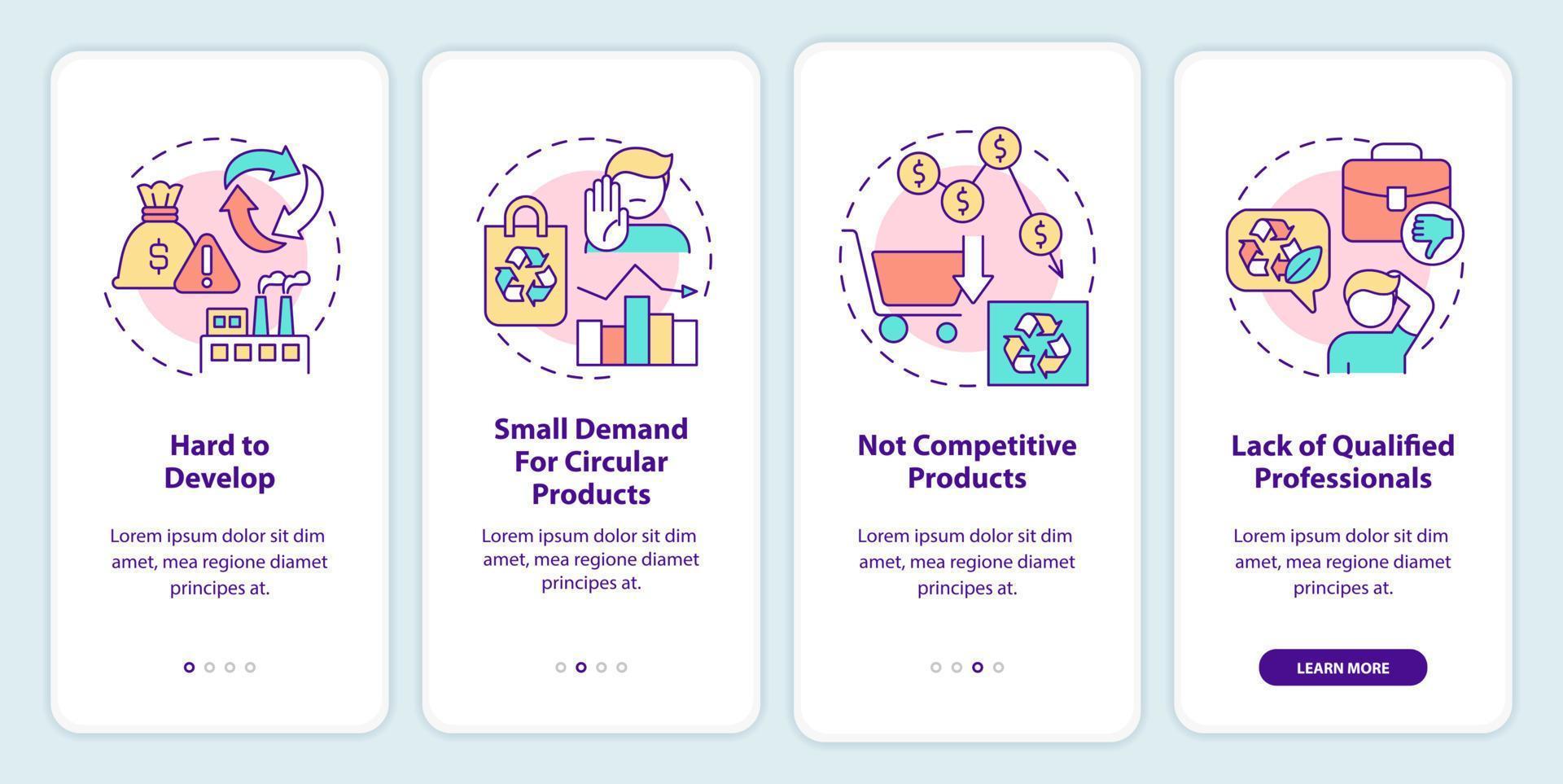 barreras de la economía circular al incorporar la pantalla de la aplicación móvil. tutorial de pequeña demanda de 4 pasos páginas de instrucciones gráficas con conceptos lineales. interfaz de usuario, ux, plantilla de interfaz gráfica de usuario. vector