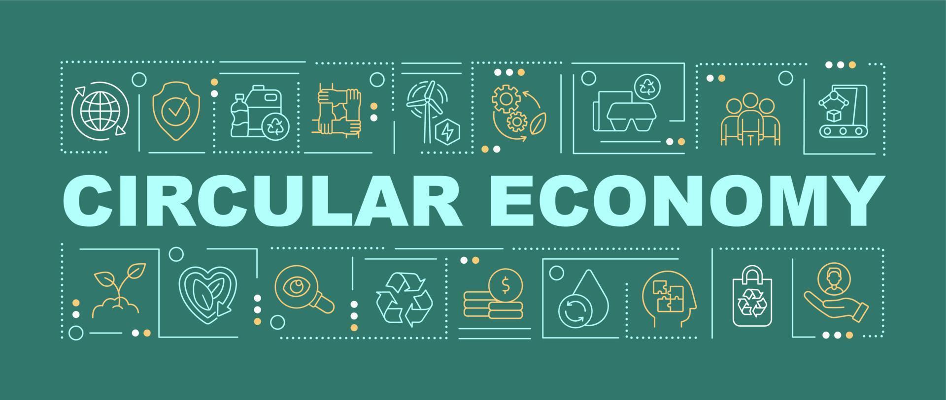 Circular economy solutions word concepts dark green banner. Sustainability. Infographics with icons on color background. Isolated typography. Vector illustration with text.