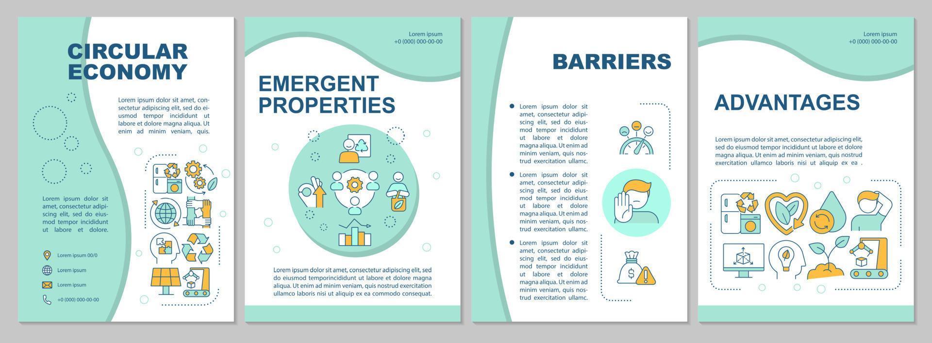 Circular economy model mint brochure template. Barriers and advantages. Leaflet design with linear icons. 4 vector layouts for presentation, annual reports.