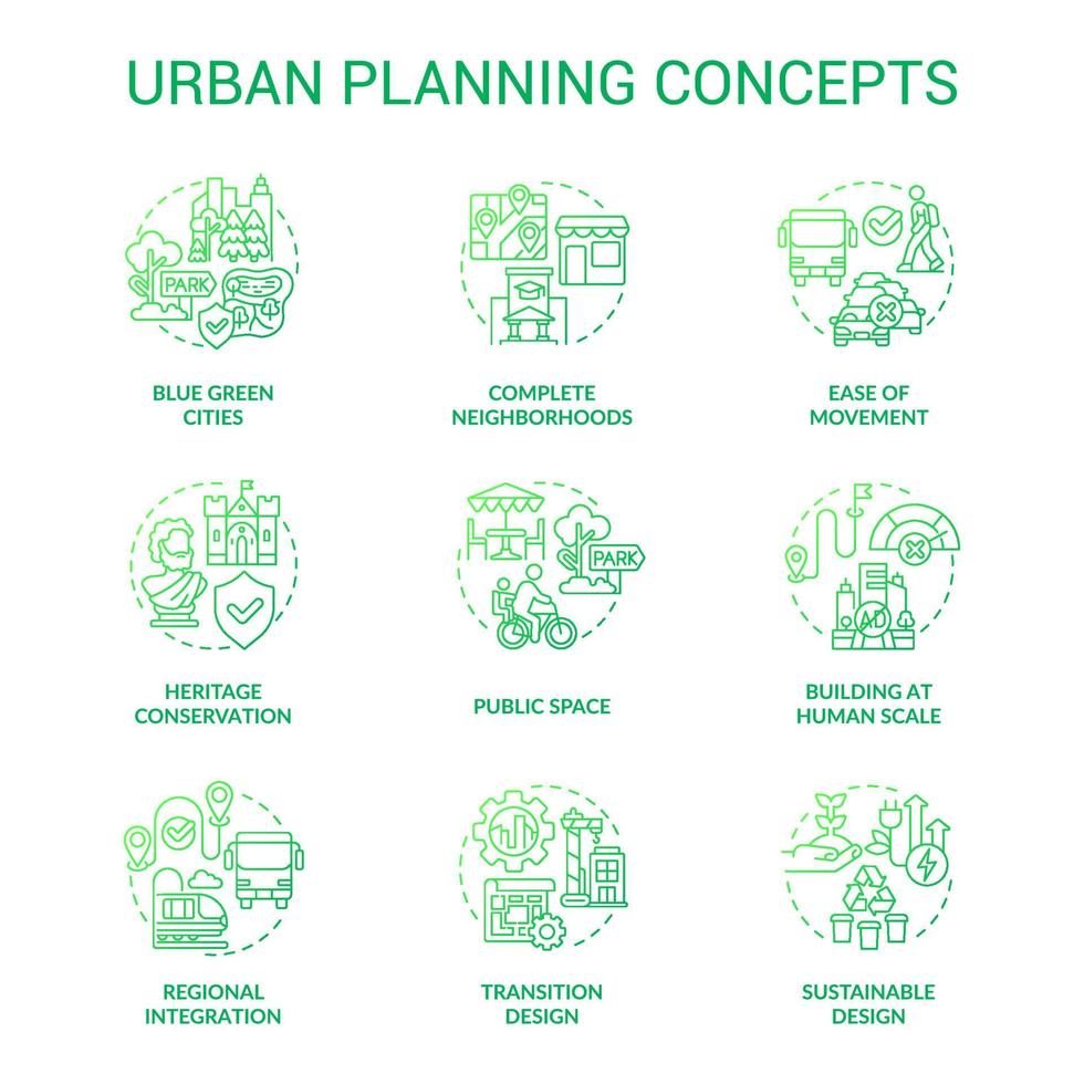 Urban planning green gradient concept icons set. Town development process idea thin line color illustrations. Isolated symbols. Editable stroke. vector