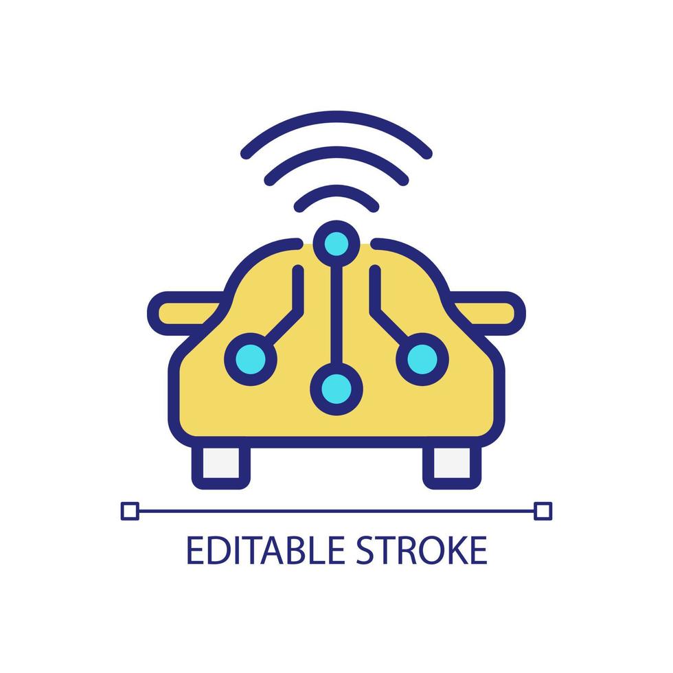 Smart car pixel perfect RGB color icon. Remote access to automobile control. Internet of Things. Isolated vector illustration. Simple filled line drawing. Editable stroke. Arial font used