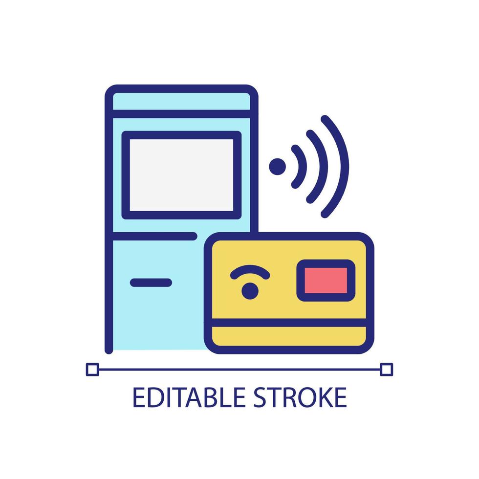 Self checkout kiosk pixel perfect RGB color icon. ATM stand. Smart terminal service. Internet of Things. Isolated vector illustration. Simple filled line drawing. Editable stroke. Arial font used