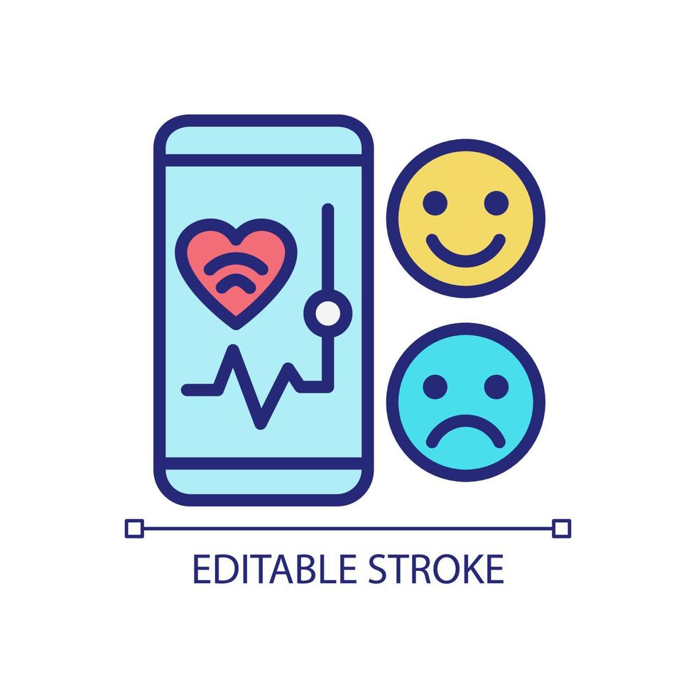 Mood monitoring pixel perfect RGB color icon. Mobile app for health tracking. Internet of Things. Isolated vector illustration. Simple filled line drawing. Editable stroke. Arial font used