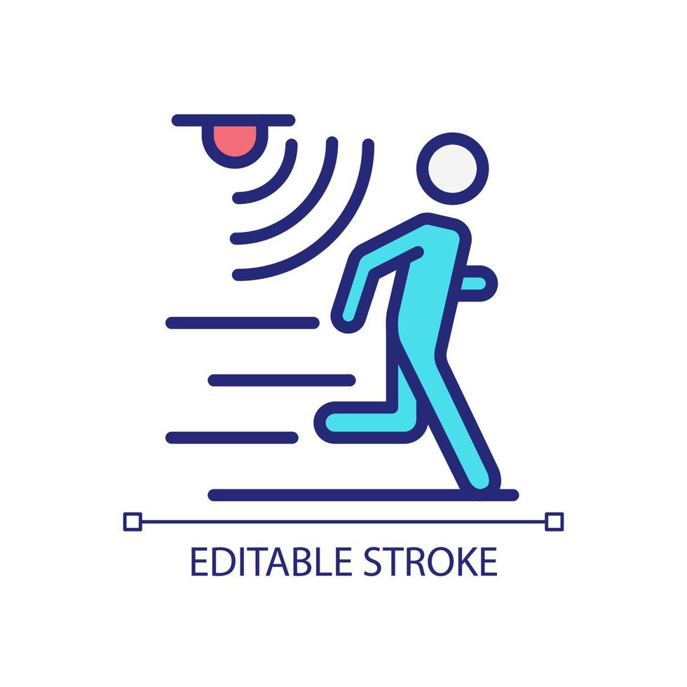Motion detection pixel perfect RGB color icon. Movement monitoring. Alert from crossing. Internet of Things. Isolated vector illustration. Simple filled line drawing. Editable stroke. Arial font used