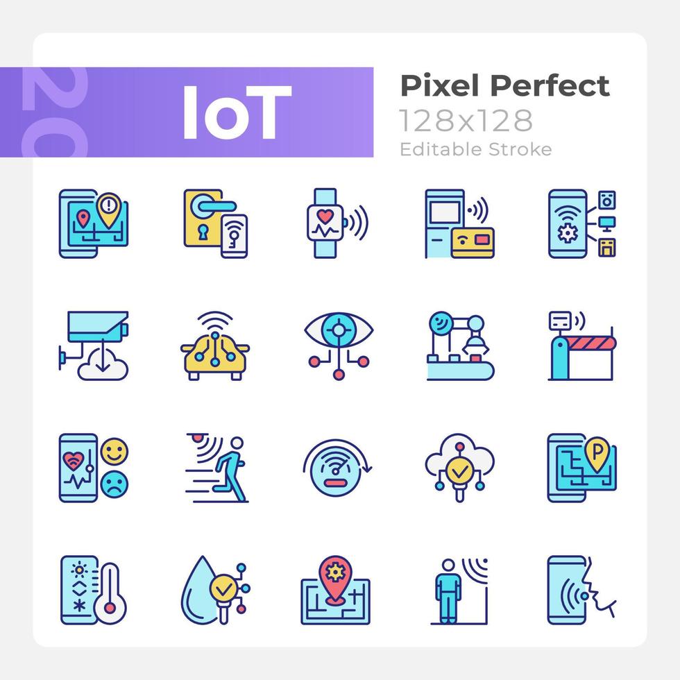 conjunto de iconos de color rgb perfectos de píxeles iot. regulación wifi. Internet de las Cosas. ilustraciones vectoriales aisladas. colección de dibujos de líneas llenas simples. trazo editable. fuente Quicksand-light utilizada vector