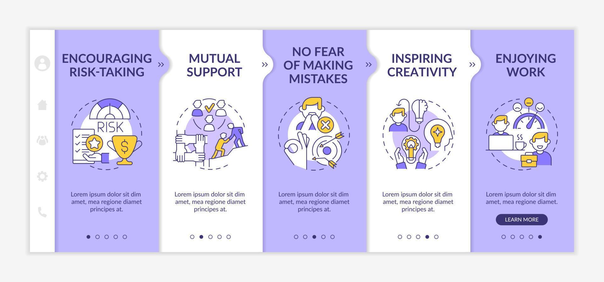 Employee happiness importance purple and white onboarding template. Enjoy work. Responsive mobile website with linear concept icons. Web page walkthrough 5 step screens. vector
