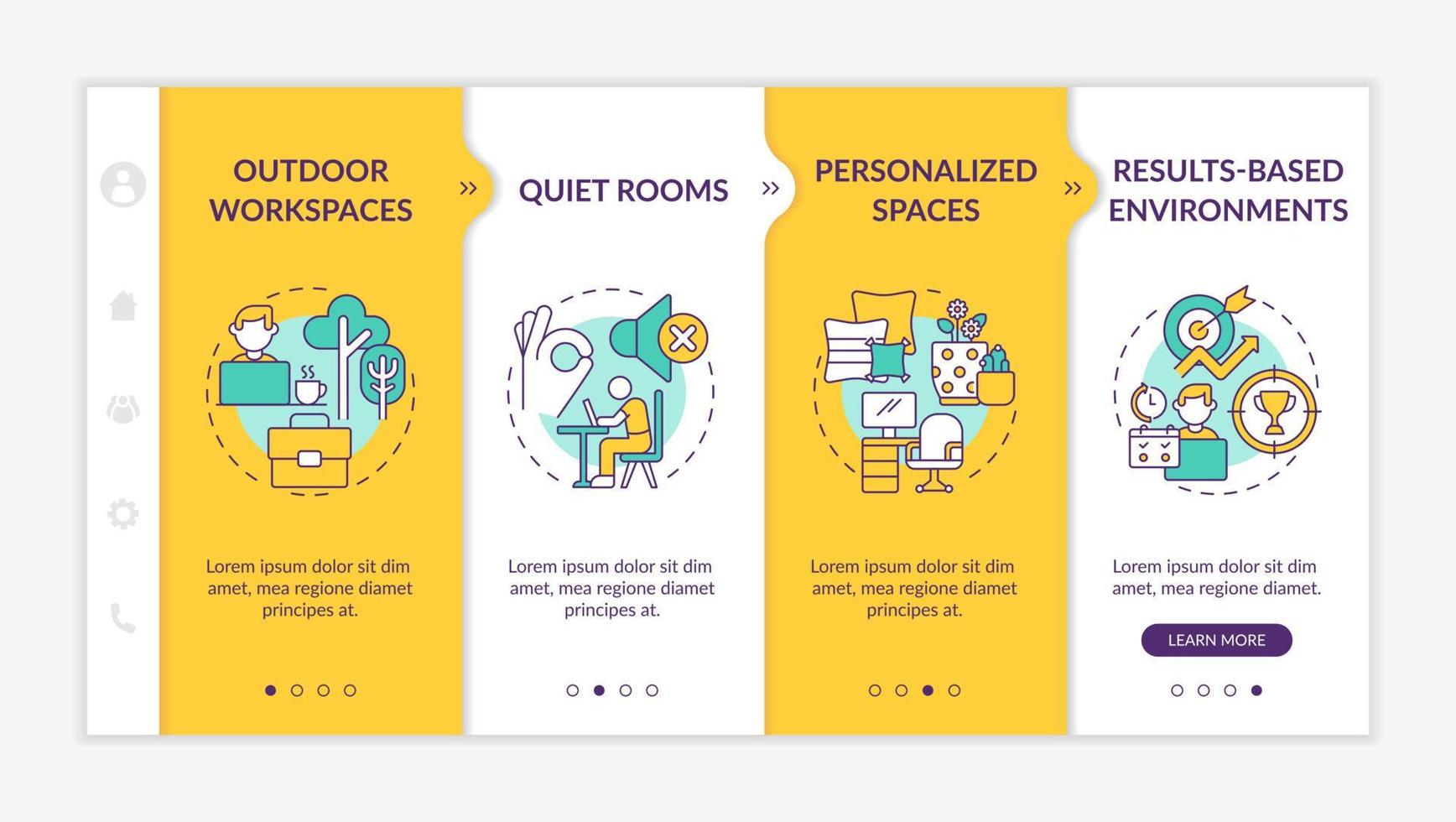 Creating positive work culture yellow onboarding template. Outdoor workspaces. Responsive mobile website with linear concept icons. Web page walkthrough 4 step screens. vector