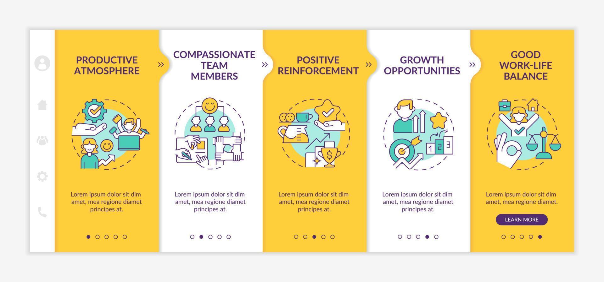 Healthy workplace environment yellow onboarding template. Reinforcement. Responsive mobile website with linear concept icons. Web page walkthrough 5 step screens. vector