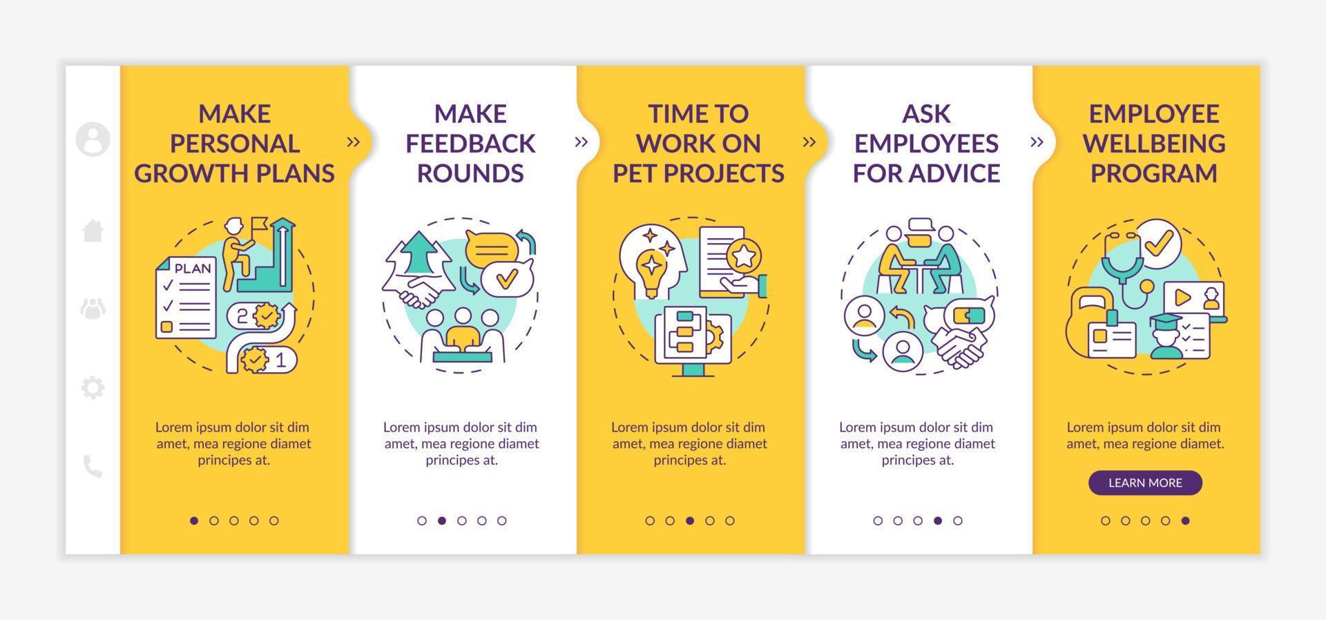 Employee commitment activities yellow onboarding template. Asking for advice. Responsive mobile website with linear concept icons. Web page walkthrough 5 step screens. vector