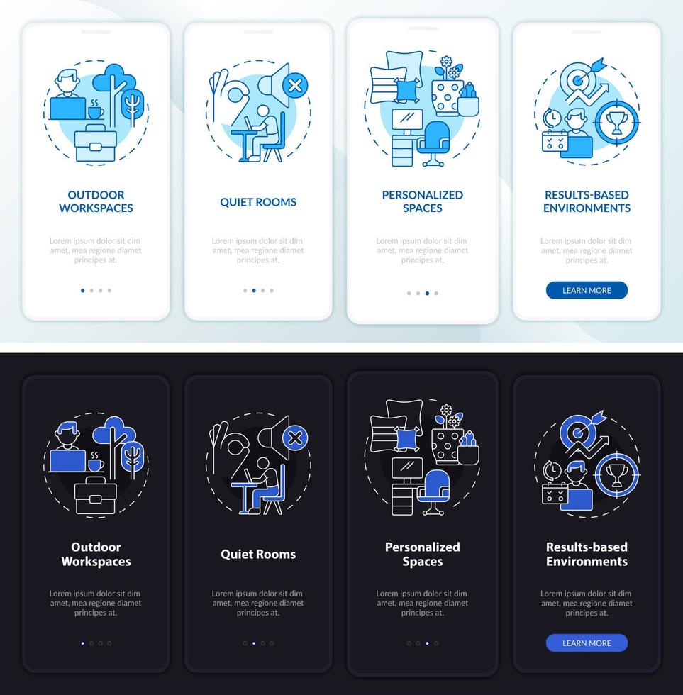 ambiente de trabajo modo día y noche incorporando la pantalla de la aplicación móvil. tutorial 4 pasos páginas de instrucciones gráficas con conceptos lineales. interfaz de usuario, ux, plantilla de interfaz gráfica de usuario. vector