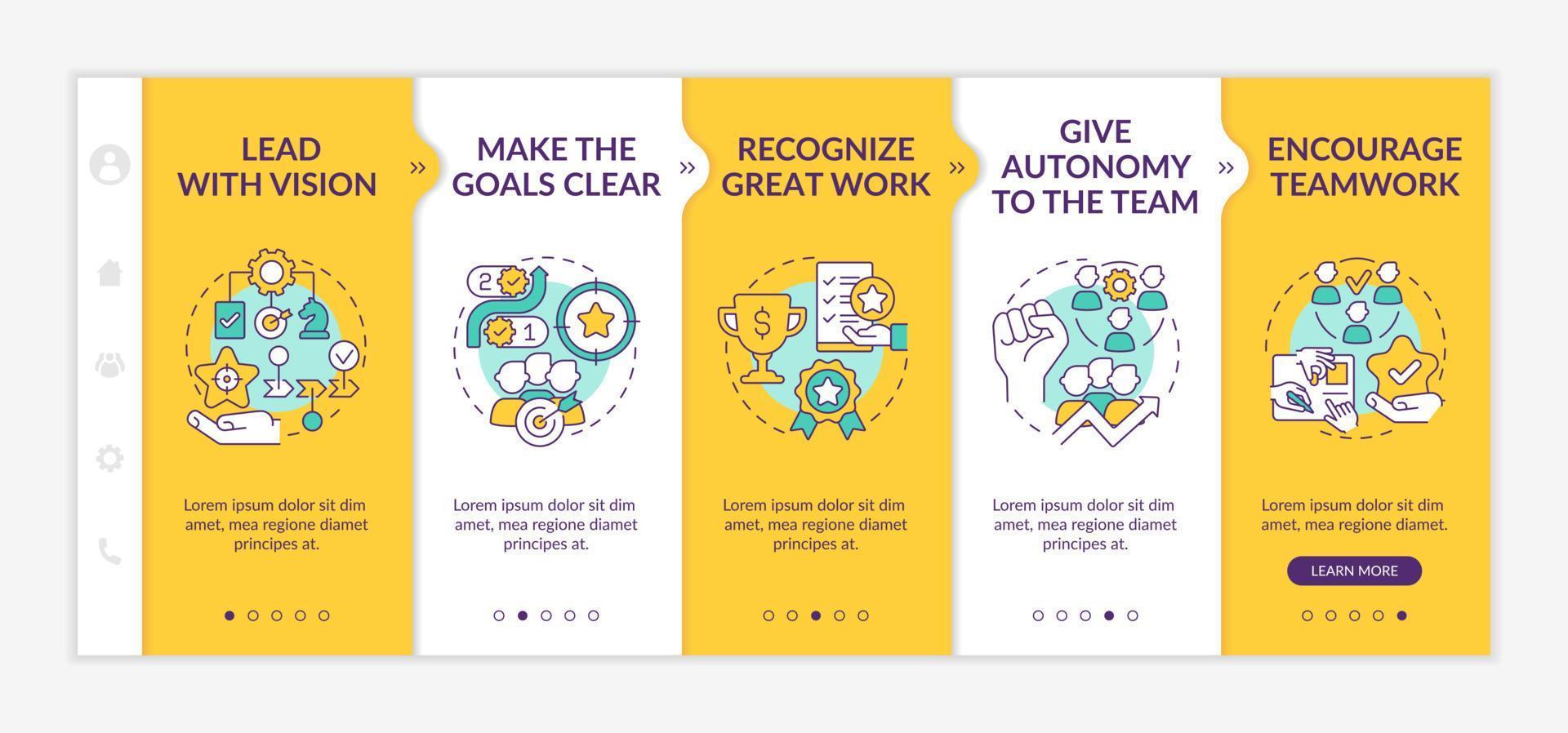 Improving employee motivation yellow onboarding template. Encourage teamwork. Responsive mobile website with linear concept icons. Web page walkthrough 5 step screens. vector