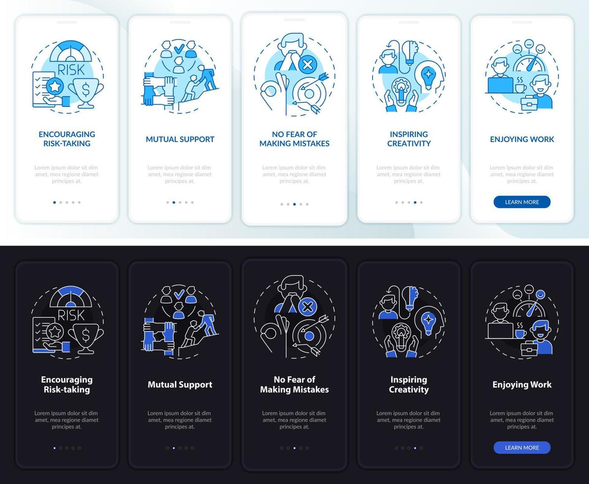 pantalla de la aplicación móvil de incorporación del modo día y noche de satisfacción de los empleados. tutorial 5 pasos páginas de instrucciones gráficas con conceptos lineales. interfaz de usuario, ux, plantilla de interfaz gráfica de usuario. vector