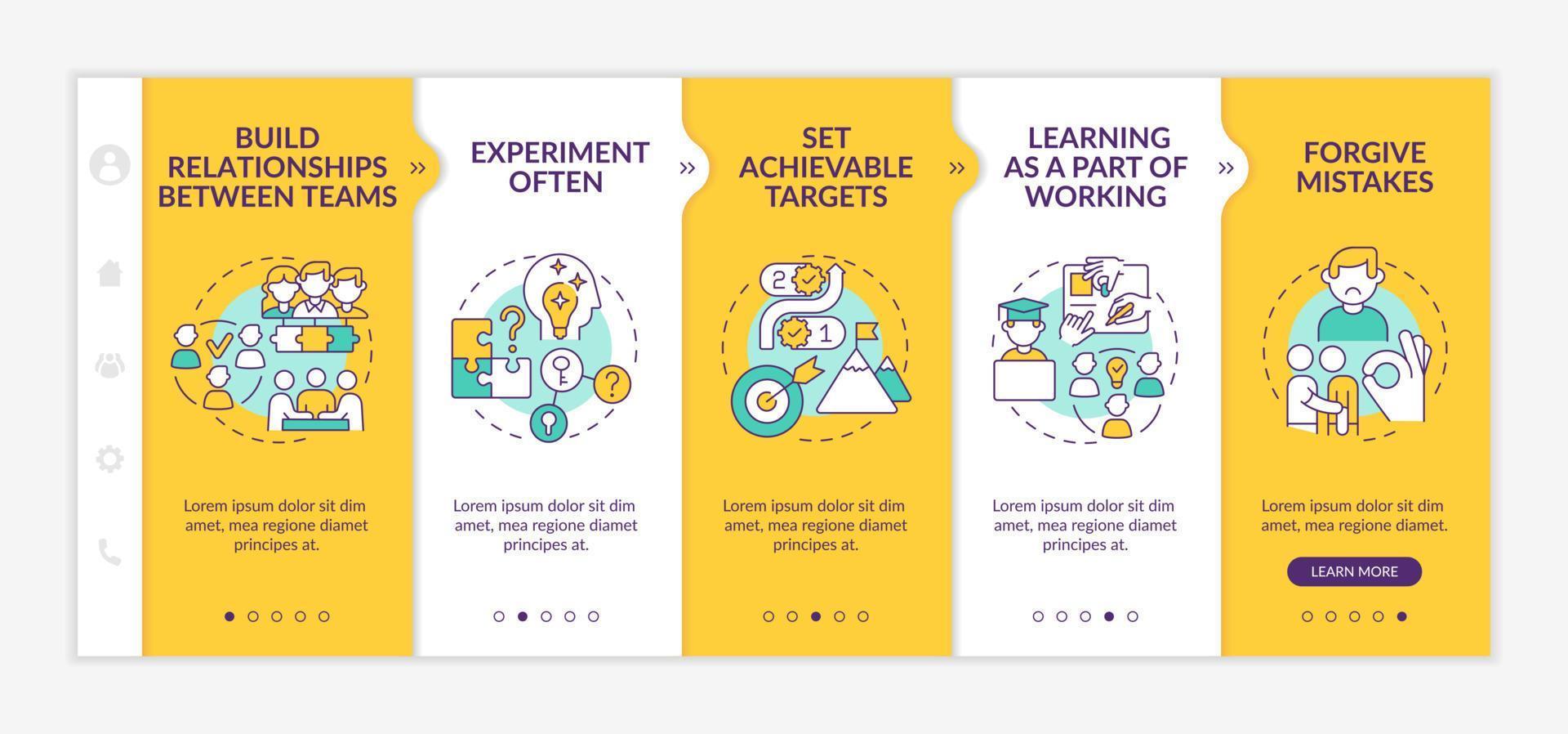 Employee engagement ideas yellow onboarding template. Set achievable targets. Responsive mobile website with linear concept icons. Web page walkthrough 5 step screens. vector