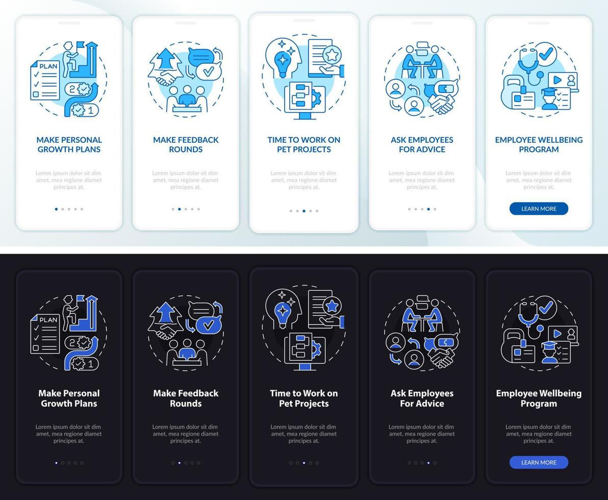 Employee stimulation night and day mode onboarding mobile app screen. Walkthrough 5 steps graphic instructions pages with linear concepts. UI, UX, GUI template. vector