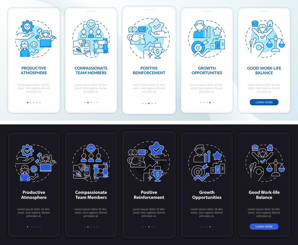 Office environment night and day mode onboarding mobile app screen. Walkthrough 5 steps graphic instructions pages with linear concepts. UI, UX, GUI template. vector