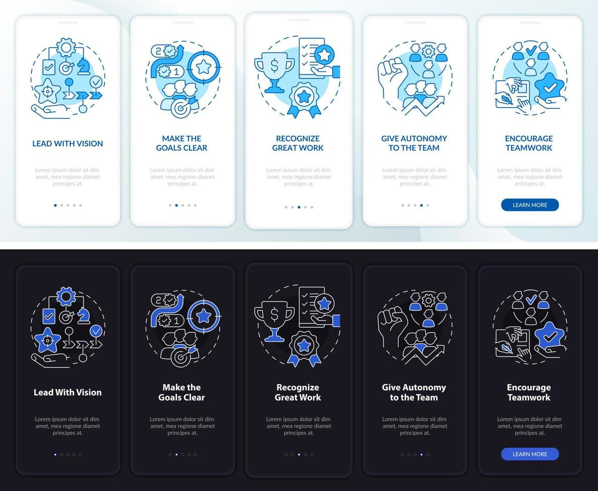 Boost worker motivation night and day mode onboarding mobile app screen. Walkthrough 5 steps graphic instructions pages with linear concepts. UI, UX, GUI template. vector