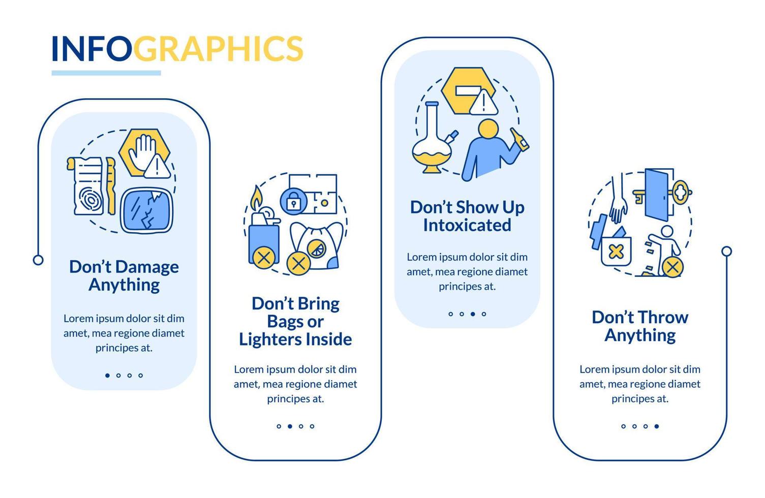 plantilla infográfica rectangular de precauciones de la sala de escape. no dañes las cosas visualización de datos con 4 pasos. gráfico de información de la línea de tiempo del proceso. diseño de flujo de trabajo con iconos de línea. vector