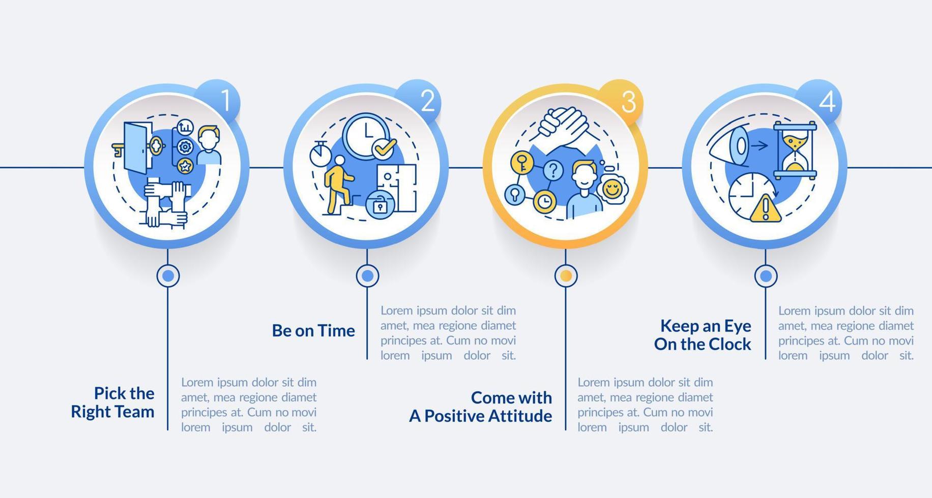 Escape room winning strategies circle infographic template. Positive mood. Data visualization with 4 steps. Process timeline info chart. Workflow layout with line icons. vector