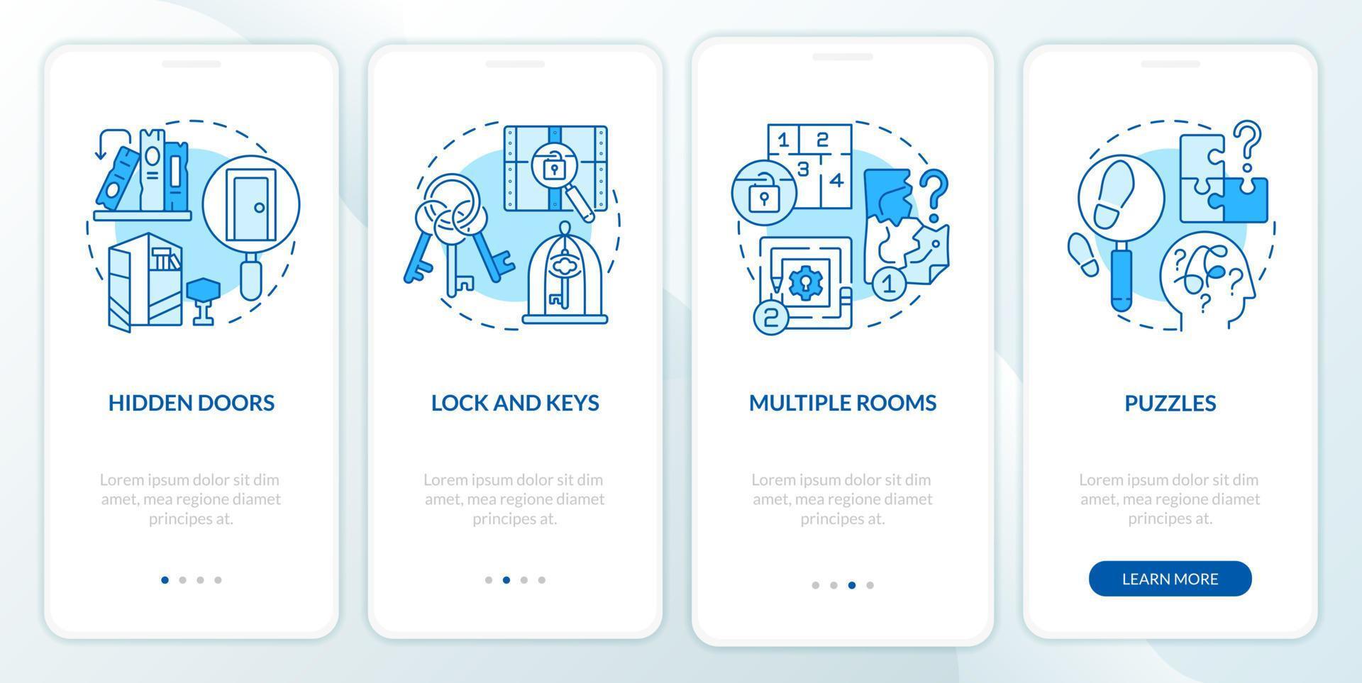 Escape room attributes blue onboarding mobile app screen. Puzzles walkthrough 4 steps graphic instructions pages with linear concepts. UI, UX, GUI template. vector